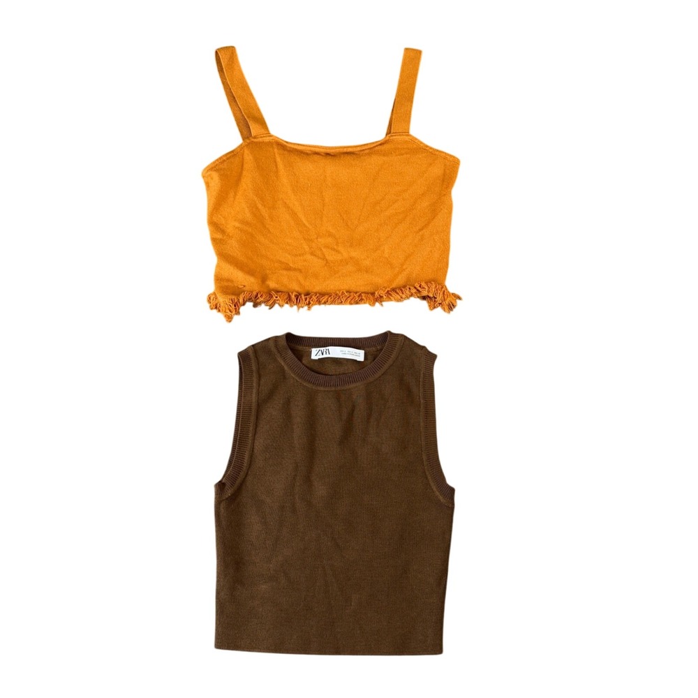 Zara Brown Knit Sleeveless Top & Le Lis Orange Fringed Camisole Bundle